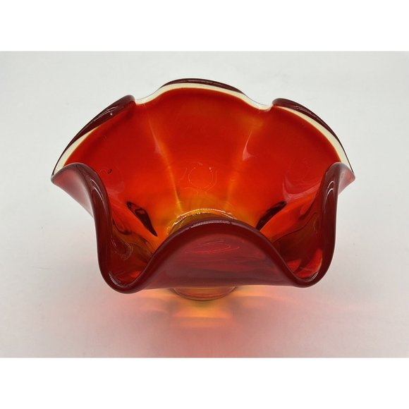 LE Smith Amberina Glass Pedestal Bowl Red Vintage Mid Century Modern - Picture 7 of 16